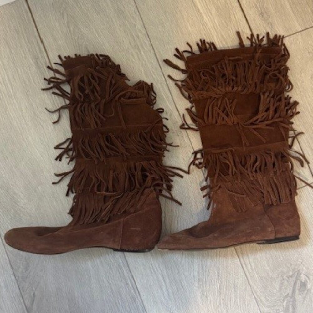 Joie Fringe Flat Boot 38 Boho Cognac Suede - image 5
